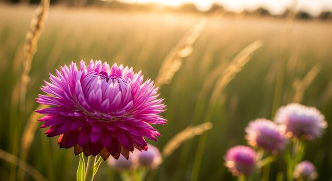 Vibrant Pink Strawflower in Golden Field at Sunset.
