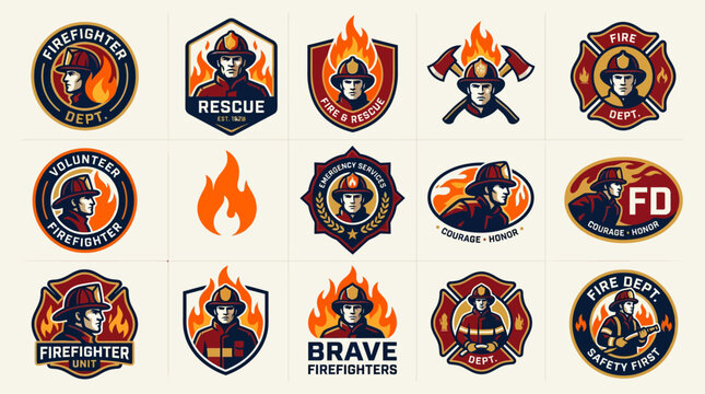 Professional firefighter and rescue department badge emblems.