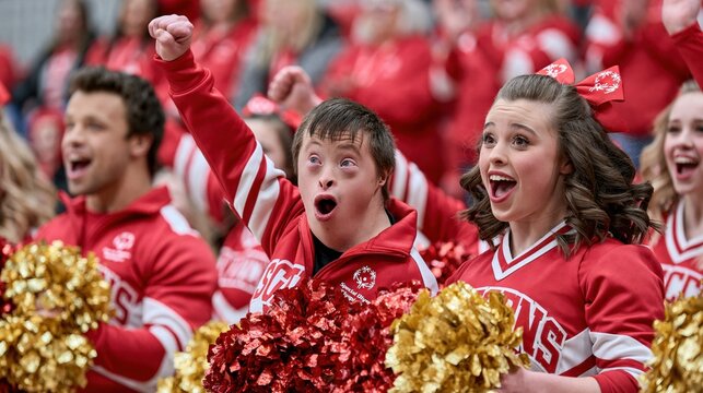 Special Olympics cheerleaders unite with their teammates at a sporting event