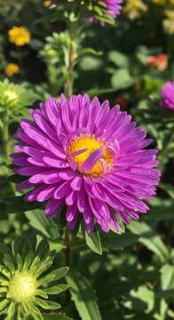 Vibrant purple aster flower with a bright yellow center in garden.