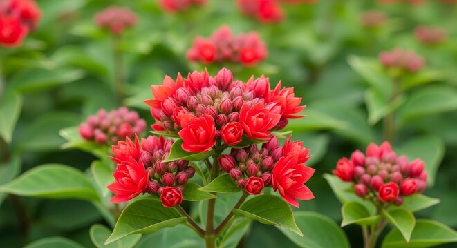 Vibrant Red Jatropha Flowers Blooming in a Lush Green Garden.