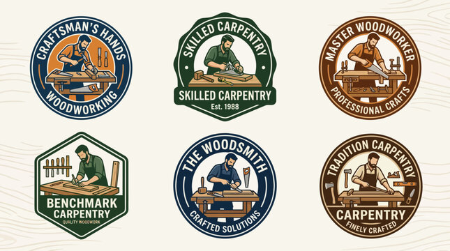 Vintage style woodworking and carpentry craftsmanship logo set