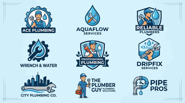 Professional plumbing service and repair company logo set.