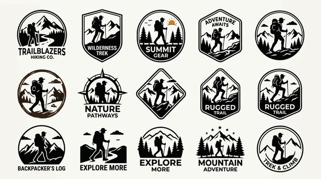 Vintage mountain and hiking adventure badges set.