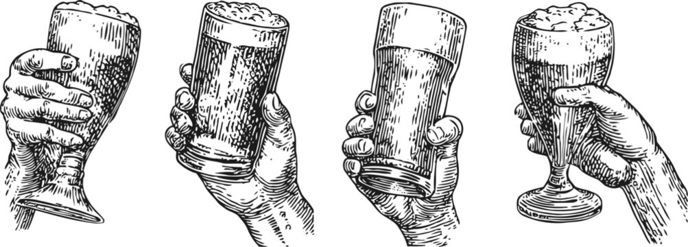 Vintage hand drawn beer glasses held by hands, different cup styles, engraving illustration