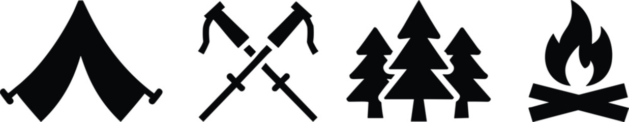 Black and white camping icons vector set featuring tent hiking poles pine trees and campfire silhouette elements © MSTSABINA