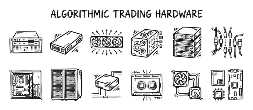 Collection of hand-drawn algorithmic trading hardware icons featuring servers, CPUs, GPUs, and network components in a black and white doodle style for finance technology concepts