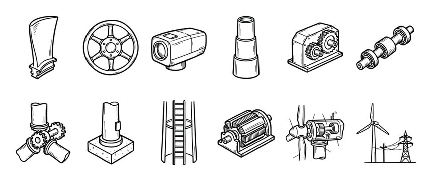 Collection of hand-drawn wind turbine parts and components in a black and white sketch style, showing details like the blade, gearbox, generator, and power pylon for renewable energy concepts