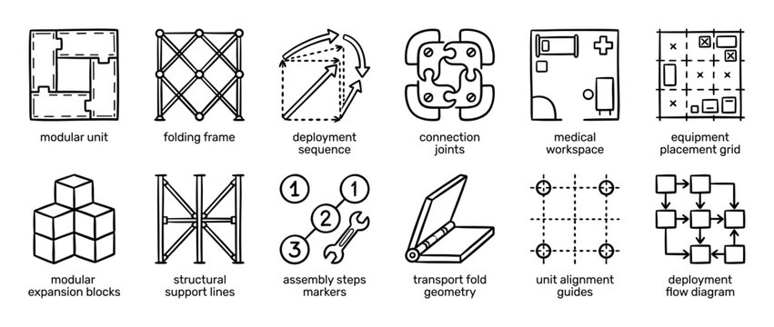 Collection of twelve modular construction icons showing concepts like folding frames, assembly steps, and deployment diagrams in a hand-drawn line art style for technical schematics