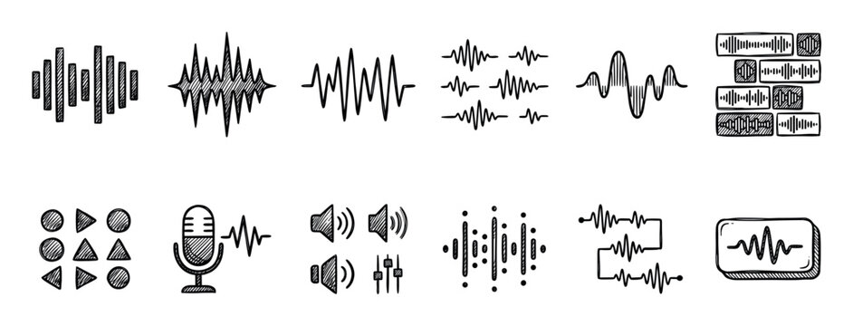 Set of hand-drawn audio icons showing various sound waves, a microphone, and speakers in a black and white doodle style for user interface design and music concepts