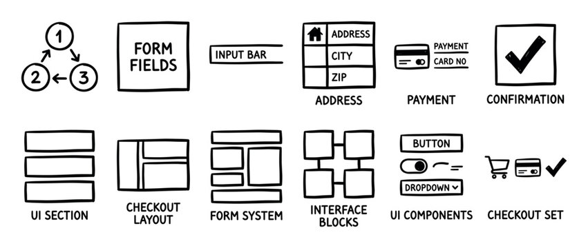 Hand-drawn set of UI UX icons for a website checkout process, showing form fields, payment, confirmation, and layout elements in a simple black and white sketch style for web design
