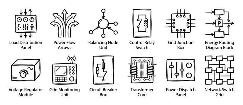 Collection of hand-drawn electrical engineering icons showing power grid components like a transformer, distribution panel, circuit breaker, and network switch in a doodle sketch style