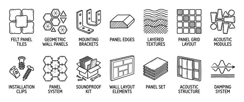 Set of hand-drawn line art icons depicting acoustic wall panels, soundproofing materials, installation hardware, and sound damping systems in a simple black and white doodle style