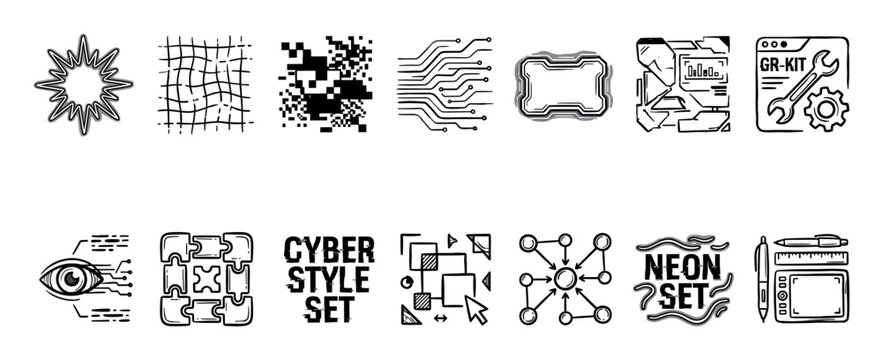 Set of fourteen hand-drawn black icons with a cyberpunk and technology theme, featuring futuristic UI elements, glitch art, circuit patterns, and abstract graphic design symbols