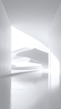 This serene, futuristic white room features elegant, dunelike curved platforms. The minimalist, dreamlike abstract design evokes a deep sense of peace and purity. Nobody.