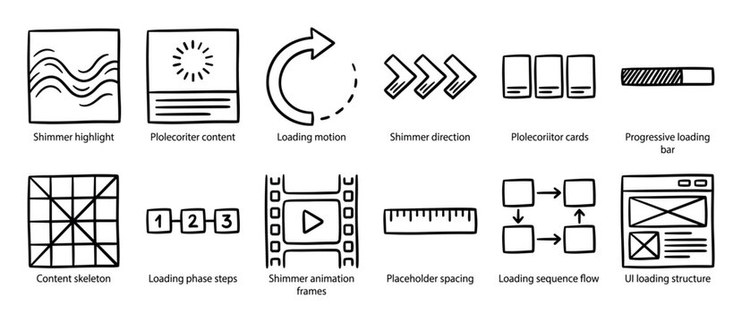 Collection of hand-drawn UI UX icons illustrating content loading concepts like shimmer animation, skeletons, and progressive bars for web and app development design
