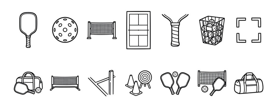 Set of pickleball equipment icons in a hand-drawn doodle style, featuring a paddle, ball, net, court, bag, and various training gear for sports and recreation concepts