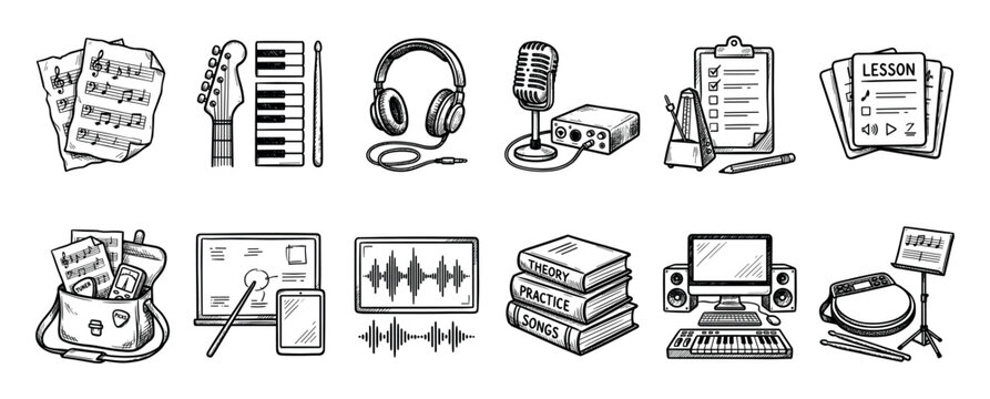 Hand-drawn music lesson and production icons set including instruments, recording equipment, and learning materials in a black and white sketch style illustration