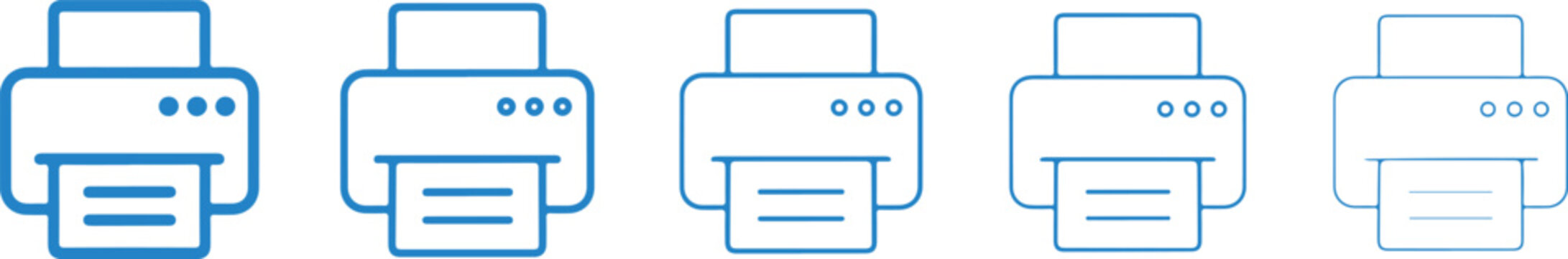 Printer icons blue line art style on a white background five variations shown printing office