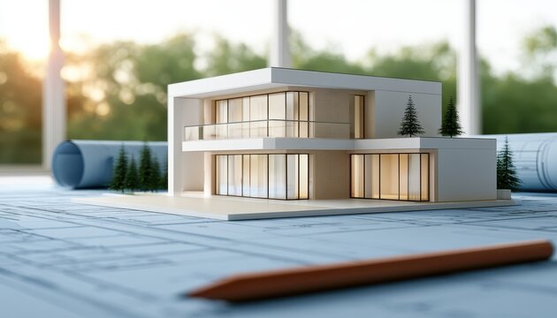 Modern architectural house model sits on blue plans with a pencil. Represents home construction design and real estate.