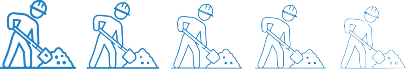 Construction worker digging with shovel blue line drawing on white background laborer spade excavation earthmoving © Abdus