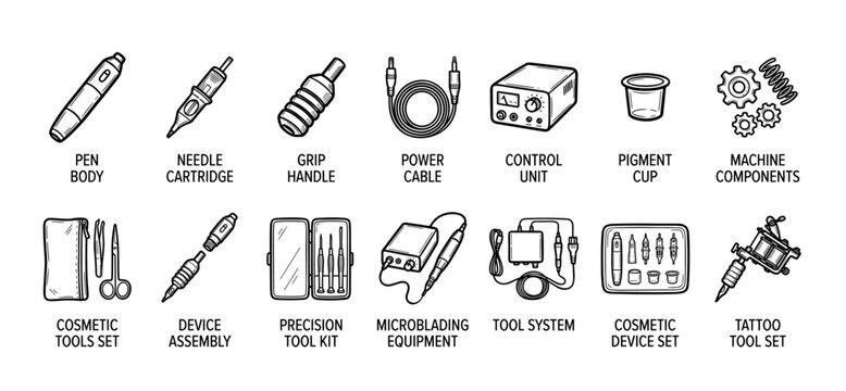 Tattoo and permanent makeup equipment icon set in a hand-drawn doodle style showing various tools, machines, needles, and cosmetic device kits for professional artists