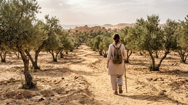 Person Walking Through Olive Grove Path in Desert Landscape With Traditional Clothing