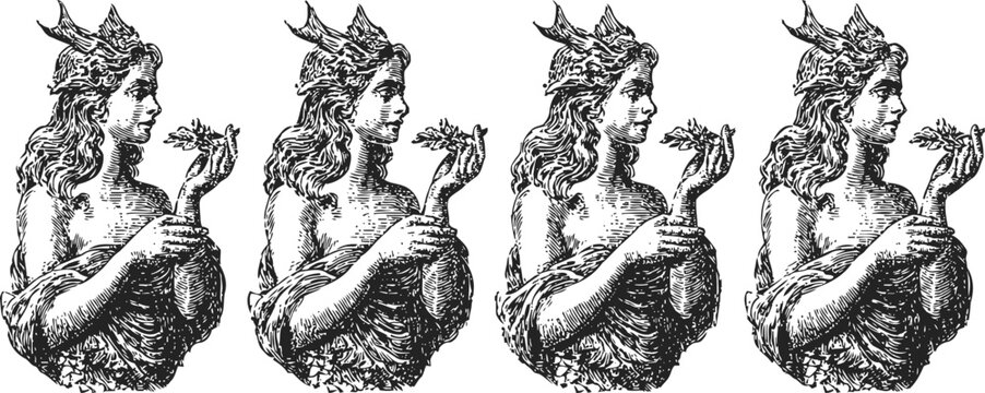 Vintage engraving of a crowned queen holding a bird in profile view