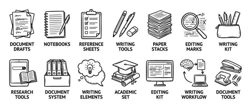 Hand-drawn writing and editing icon set with various doodle illustrations for document creation, research, and proofreading, including notebooks, pens, and academic symbols