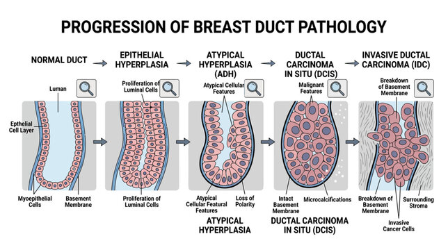 Breast Duct Pathology Progression: Normal to Invasive Carcinoma