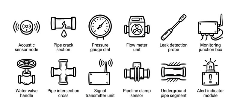 Pipeline leak detection and monitoring icons set featuring plumbing and utility system components like a sensor, pressure gauge, valve, and flow meter in a simple line art doodle style