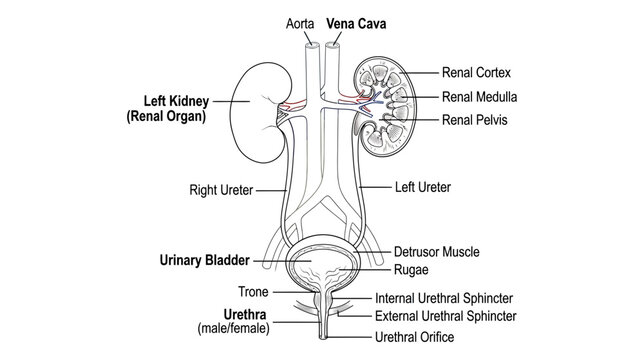 Human Urinary System Anatomy Diagram - Kidneys, Bladder, Ureters, Urethra