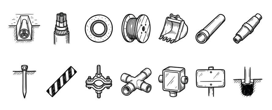 Hand-drawn icon set of underground cable laying equipment showing a trench, armored wire, pipe, excavator bucket, and junction box in a black and white sketch style