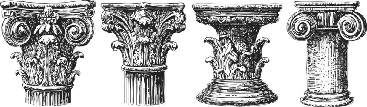 engraving of classical architectural columns greek and roman antique pilasters and capitals set