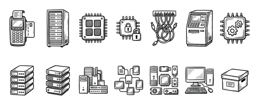 Hand-drawn technology and computer hardware icons set with servers, CPUs, networks, and payment terminals in a black and white doodle sketch illustration style for IT concepts