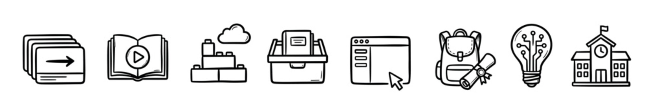 Hand-drawn education and e-learning icon set featuring a school, book, backpack, and technology symbols in a black and white sketch style for digital learning concepts