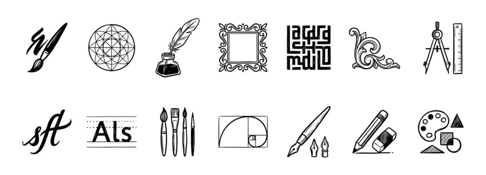 Collection of hand-drawn black icons for art, design, calligraphy, and geometry, including a paintbrush, quill, compass, and golden ratio spiral in a doodle sketch style