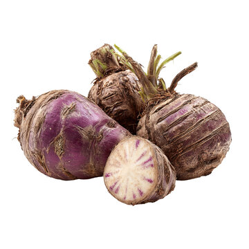 Purple root vegetables, cut and whole, on a black background