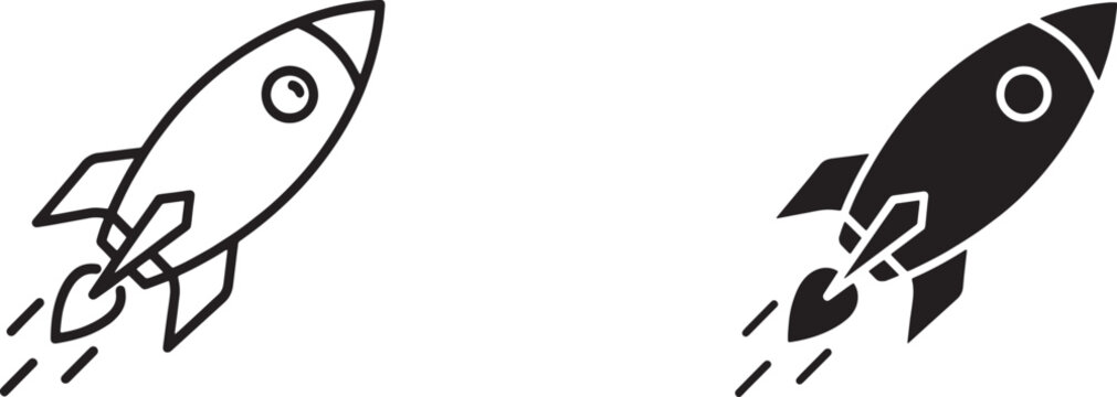 Two variations of rocket ship in black and white linear style spaceship