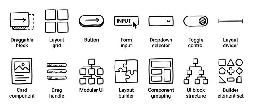 Hand-drawn UI and UX design icon set for wireframing and prototyping, featuring various elements like buttons, grids, toggles, and modular components in a simple sketch style