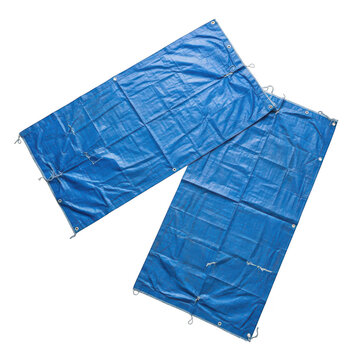 Blue tarp sheets with metal grommets, heavy duty waterproof plastic tarpaulins, protective outdoor construction covers isolated on Transparent Background