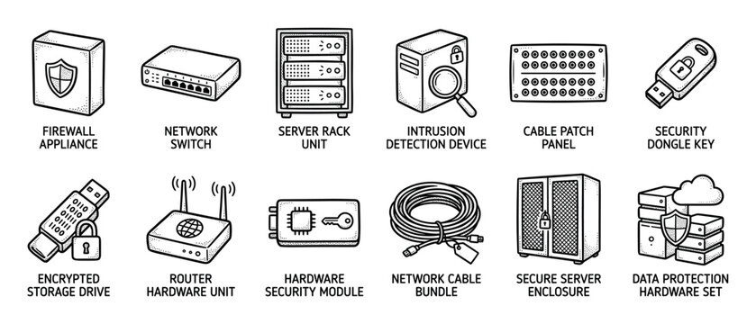 Set of hand-drawn network security hardware icons including a firewall, server, router, and switch, illustrated in a black and white doodle style for IT and technology themes