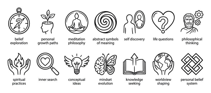 Set of black line art icons representing philosophy, personal growth, self discovery, and spiritual practices, featuring conceptual symbols for mindset, belief, and knowledge