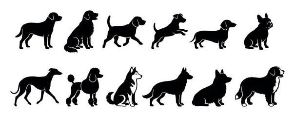 Obraz premium Collection of black dog silhouettes featuring various popular breeds like retrievers, poodles, and huskies in different poses such as sitting, standing, walking, and jumping