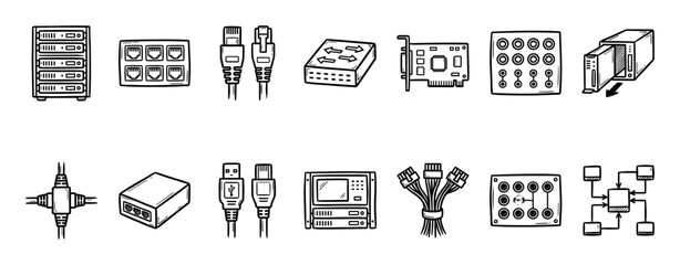 Fototapeta premium Collection of hand-drawn computer hardware icons showing a server rack, network switch, ethernet cables, and other components in a black and white doodle sketch illustration style