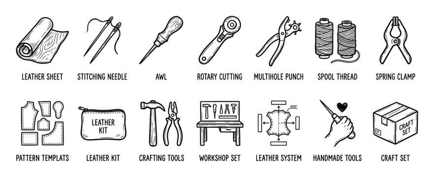 Set of black and white leather crafting icons showing various tools and materials for handmade leatherworking projects in a hand-drawn doodle style