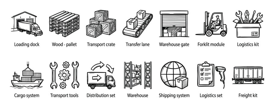 Hand-drawn logistics and warehouse icon collection featuring freight transport, global shipping, and distribution elements like trucks, pallets, containers, and forklifts in a monochrome doodle style