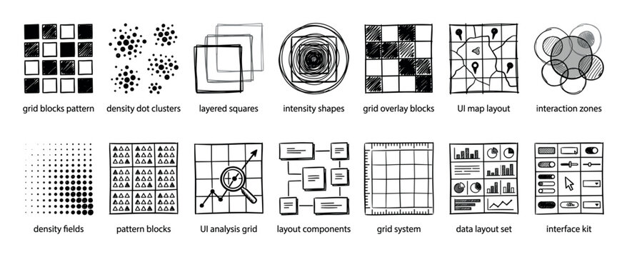 Hand-drawn collection of user interface and data visualization icons showing various design patterns, grids, layouts, and analysis concepts in a sketchy black and white doodle style