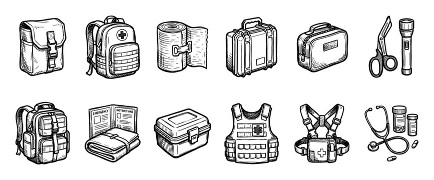 Hand-drawn set of emergency medical icons showing first aid supplies, tactical gear, a medic backpack, trauma shears, a bandage, and a protective vest in a black and white sketch style