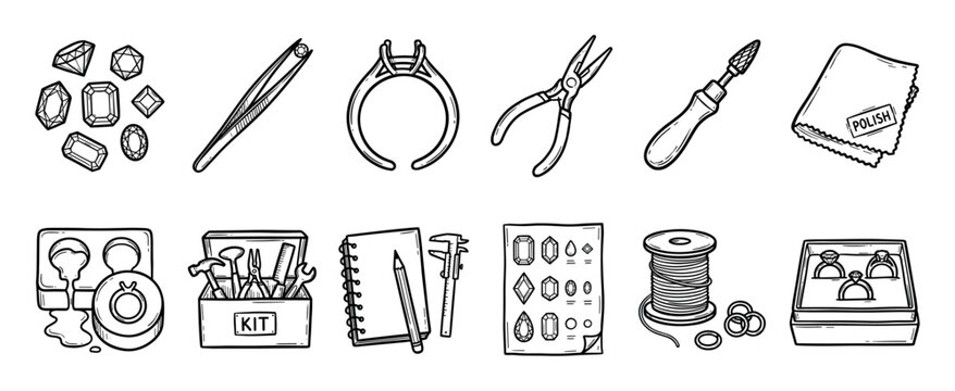 Jewelry making tools and equipment icon set in a hand-drawn doodle style showing gems, pliers, ring settings, and casting molds for a goldsmith or artisan